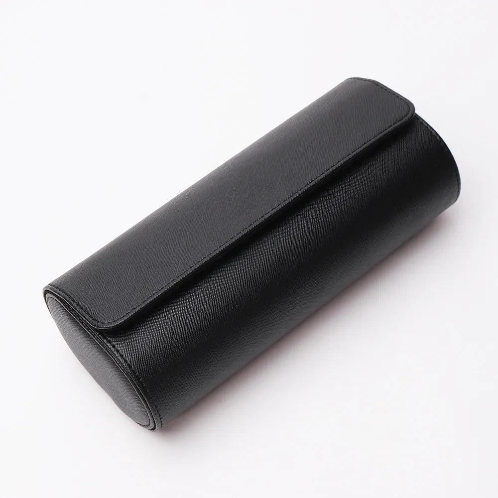 Three-slot travel watch case with dark black sleeve design and front top flap