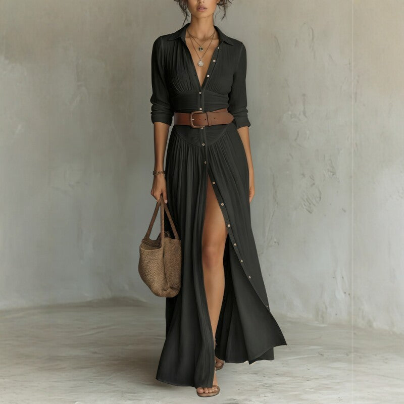 Black V-neck long maxi dress with high side slit, button front, belted waist