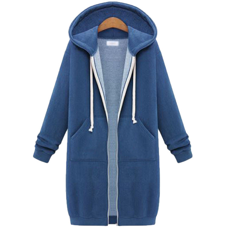 Blue hooded long-sleeve fleece jacket with full zipper and drawstring hood