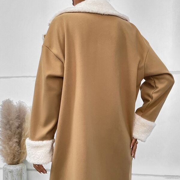 Women’s tan wool coat back view with white sherpa-trimmed cuffs and full-length design