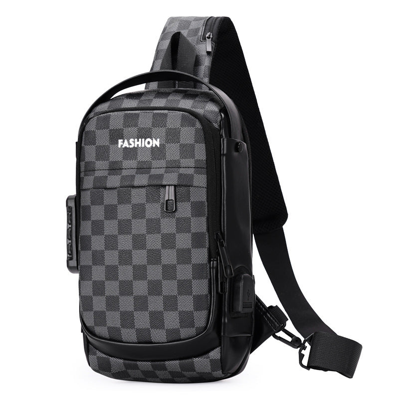 Mens Chest Bag Password Lock USB Interface Waterproof Anti Theft PU Leather Plaid Messenger Bag Travel
