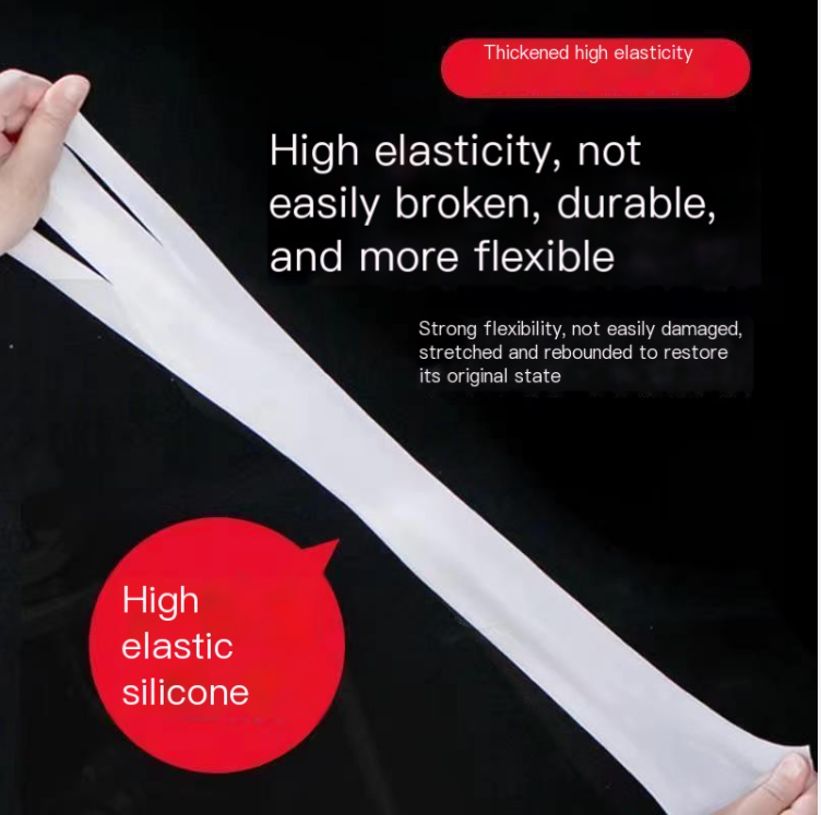 High-elastic silicone protective sleeve, long white stretch strip held by hands