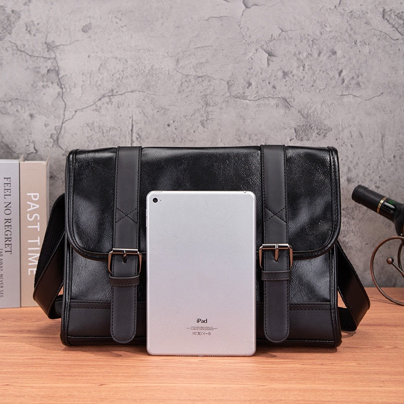 Trendy Korean Style Anti Theft Commuter Backpack for Men PU Leather Black with Sewing Thread Details