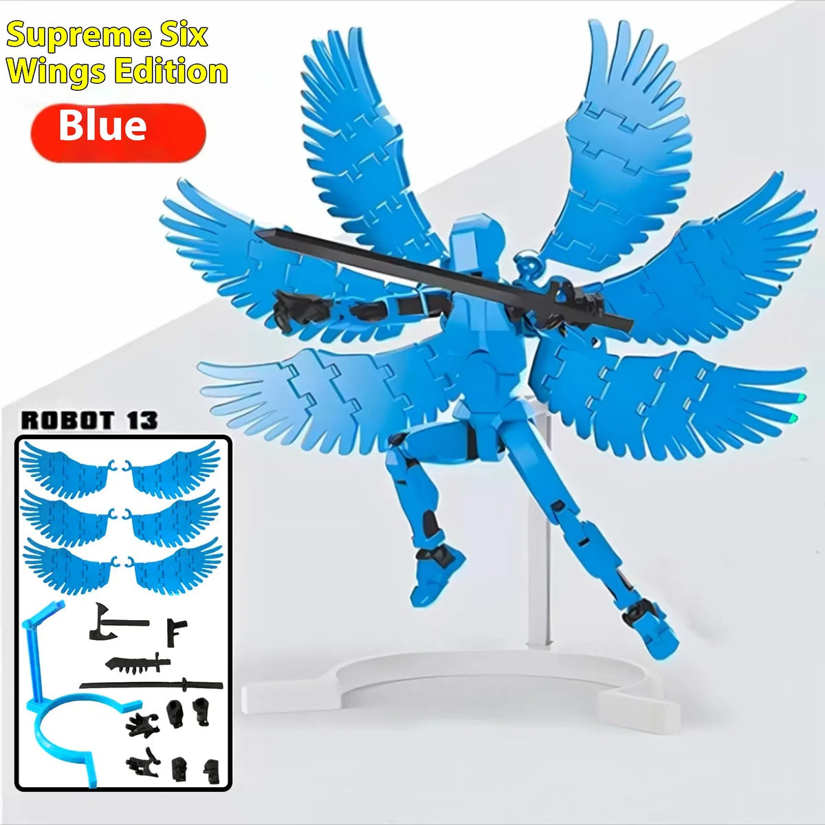 Blue 3D printed robot action figure with large dual wing arrays on a stand