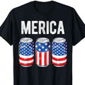 Black unisex graphic T-shirt with MERICA text and three patriotic soda-can illustrations