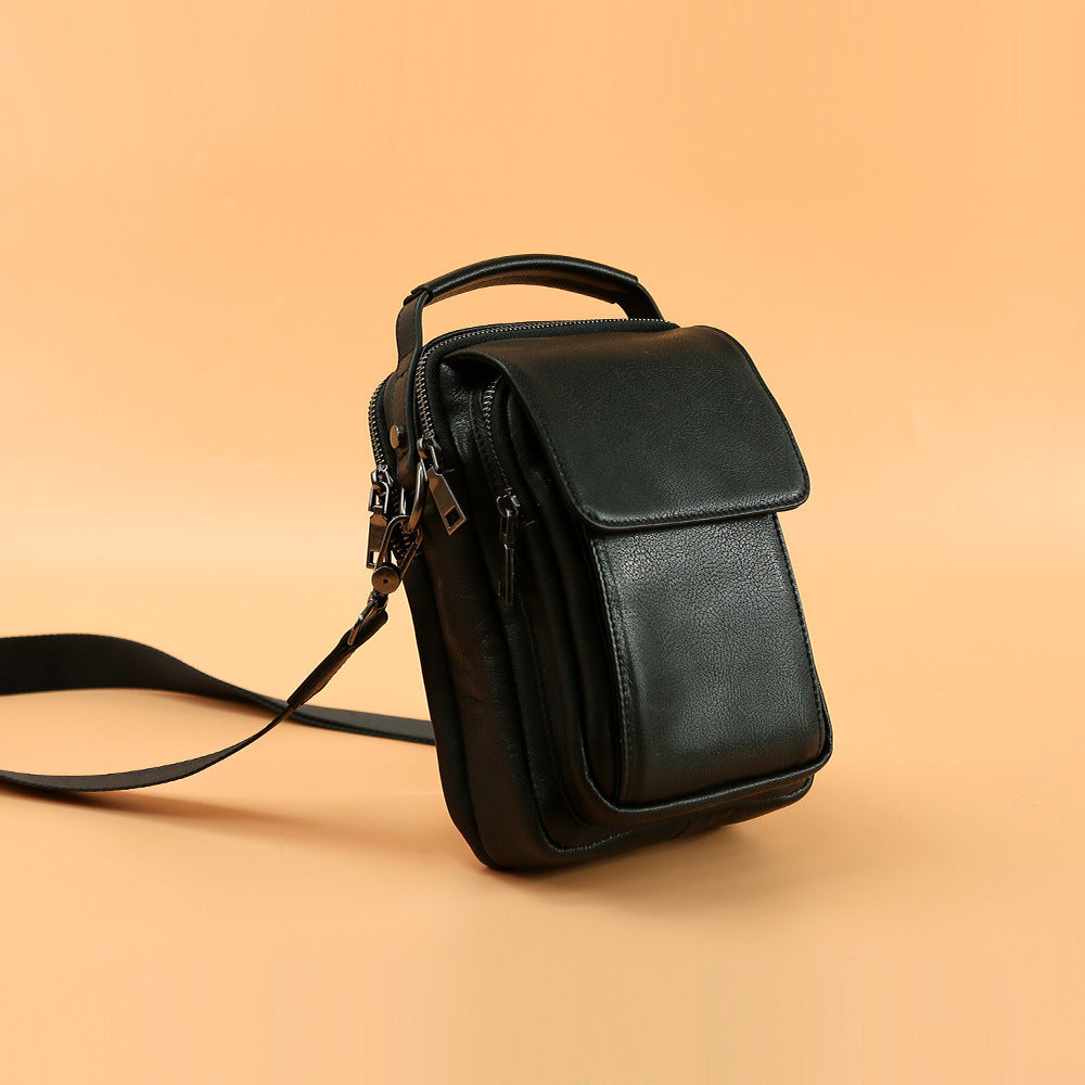 Mens Genuine Leather Top Grain Cowhide Retro Messenger Bag Black 7 Inch European American Style