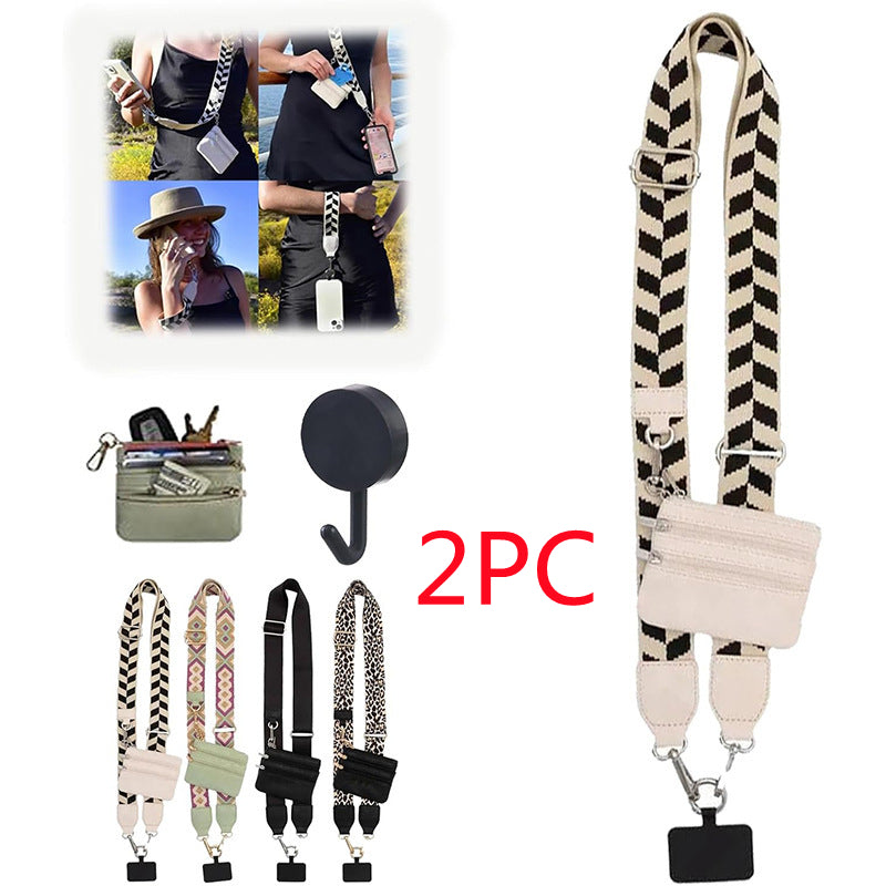 Two-piece zebra-print phone lanyard with light pouch, zipper, and metal clip straps