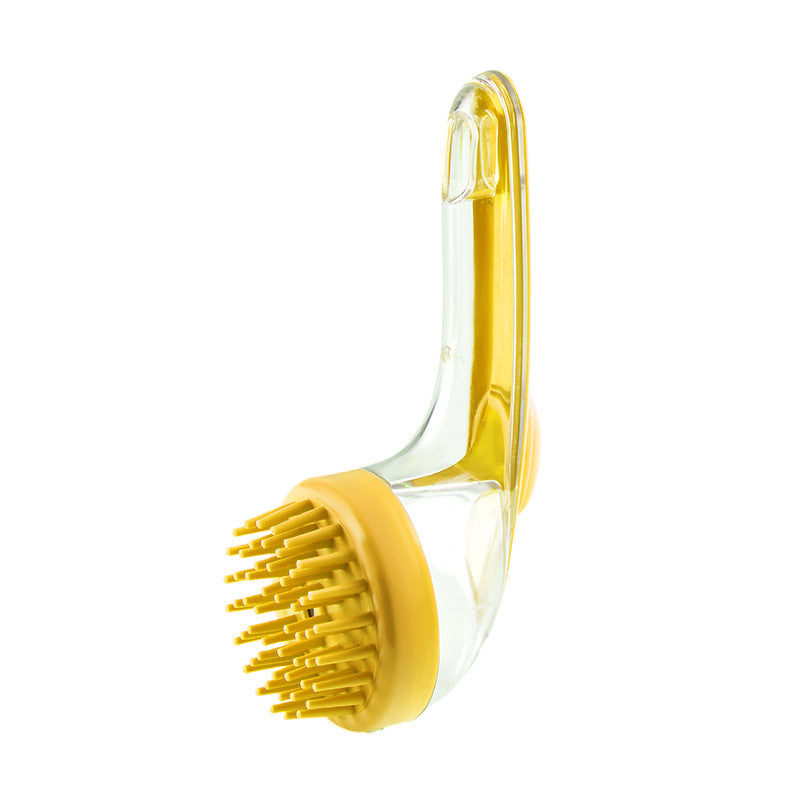 Long-handle pet bath brush with yellow bristle head and clear curved handle