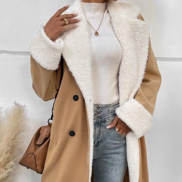 Women’s tan wool coat with white sherpa lapels, button placket, and long sleeves