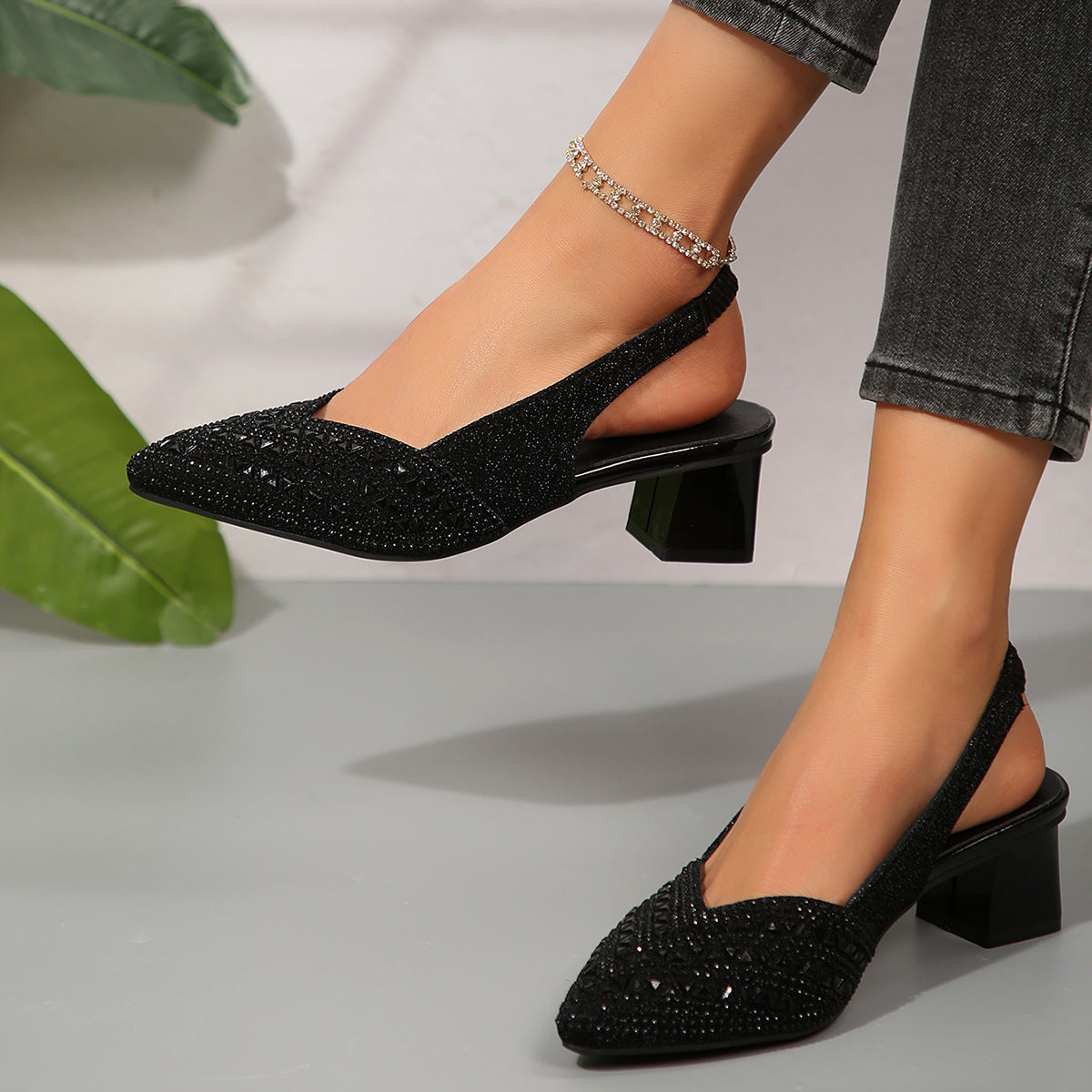 Rhinestone Pointed Toe Low Heel Dress Shoes