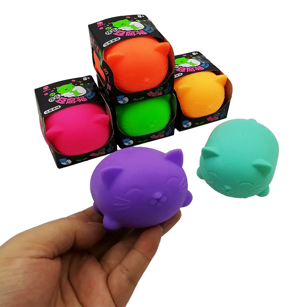 Purple cat-shaped stress relief venting ball, hand-held beside boxed set