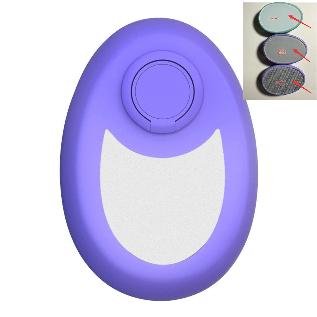 Crystal magic epilator in purple, oval handheld with circular button and U-shaped opening