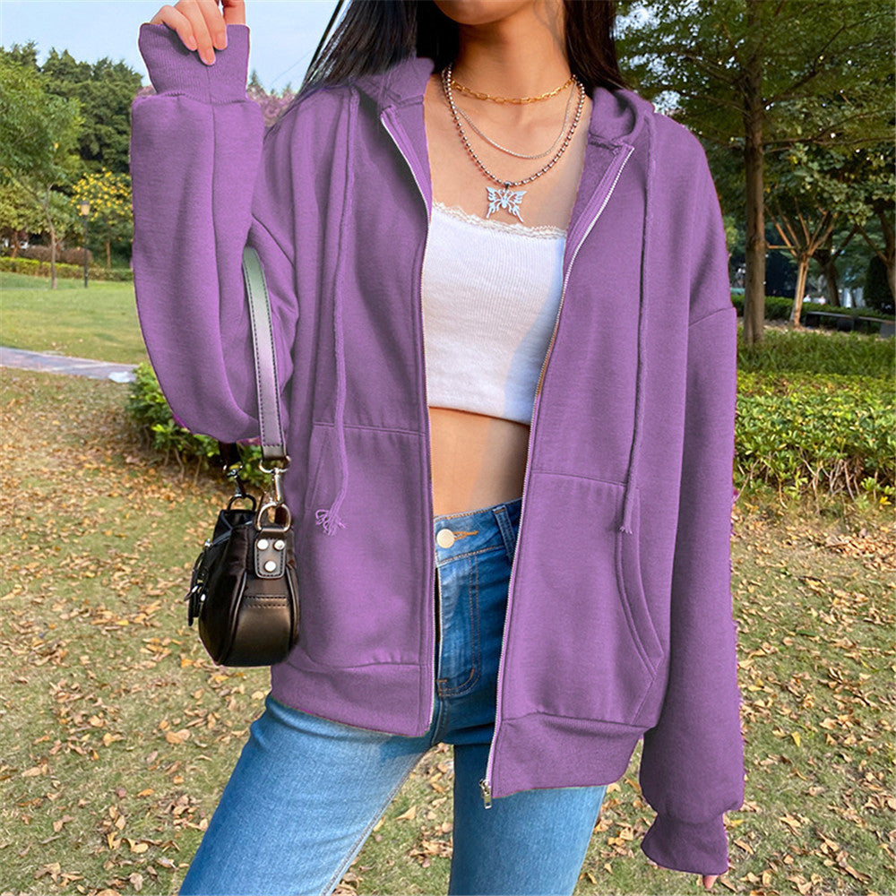 Women's hooded zip-front jacket in purple with front zipper, drawstring hood, and side pockets