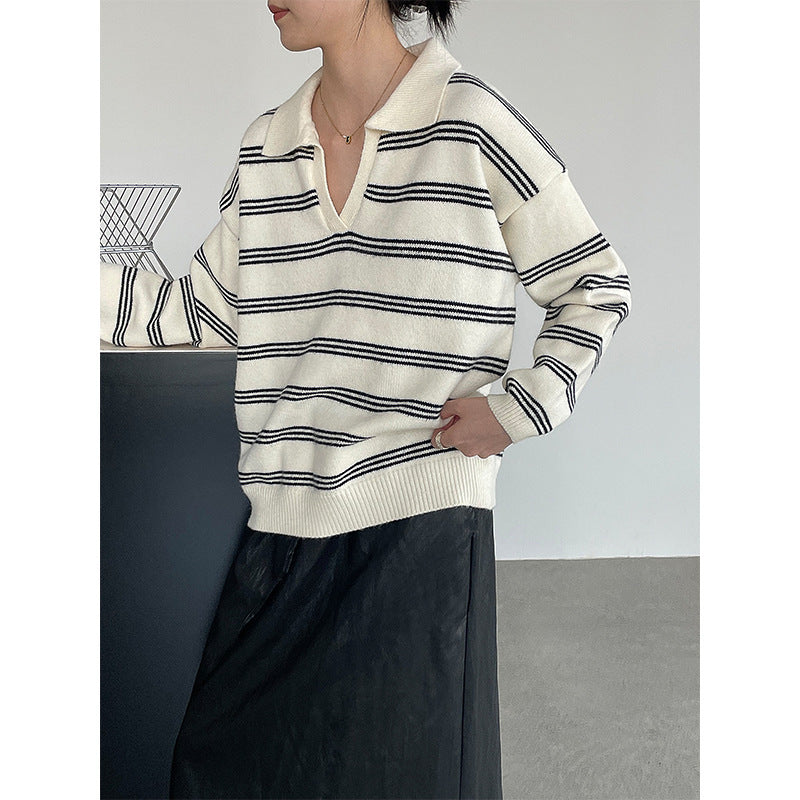 Korean Style Idle Style Polo Collar Loose Striped Knitted Sweater