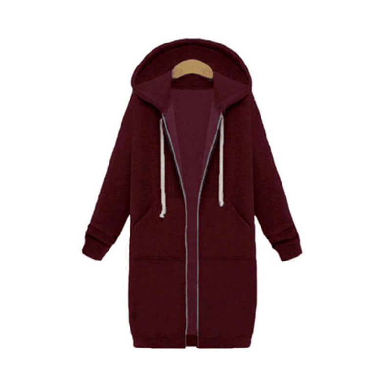 Burgundy long zip-up hoodie fleece jacket with drawstring hood and front patch pockets