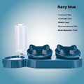 Navy blue 3-bowl pet feeding station with clear auto water dispenser and two food bowls