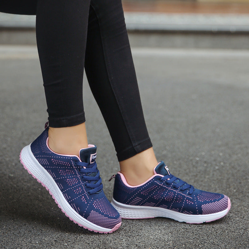Women’s mesh wedge sneakers, navy speckled knit with pink lining and white sole