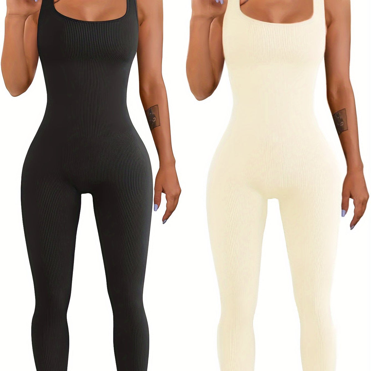 Black sleeveless spandex workout bodysuit, fitted one-piece athletic tank style.