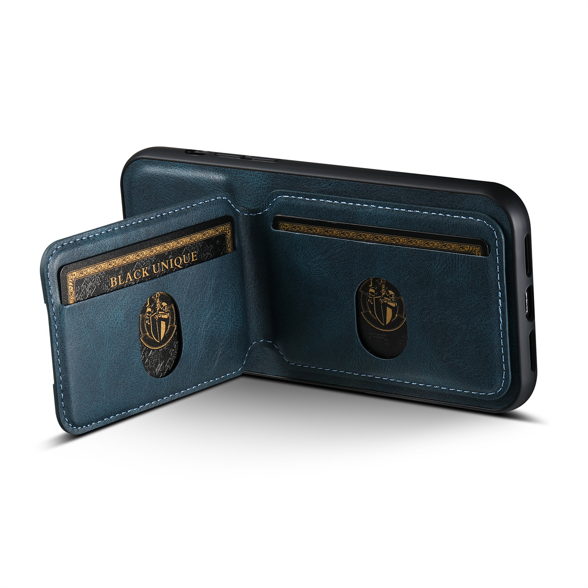 Blue leather phone case interior with two card slots and gold-trim branding panel