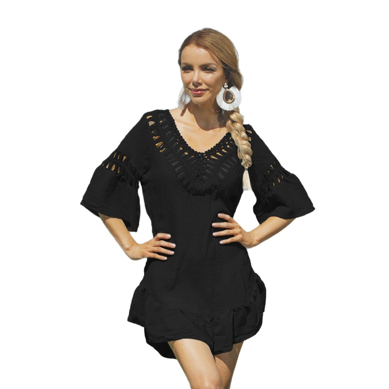 Women's Sexy Backless Hook Hollow Hair Ball Tassel Bikini Cover-up