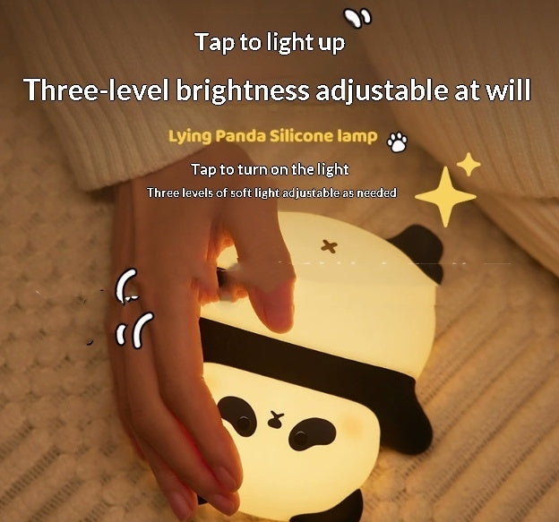 Lying panda silicone night light with warm glow, tap-to-light on bedside