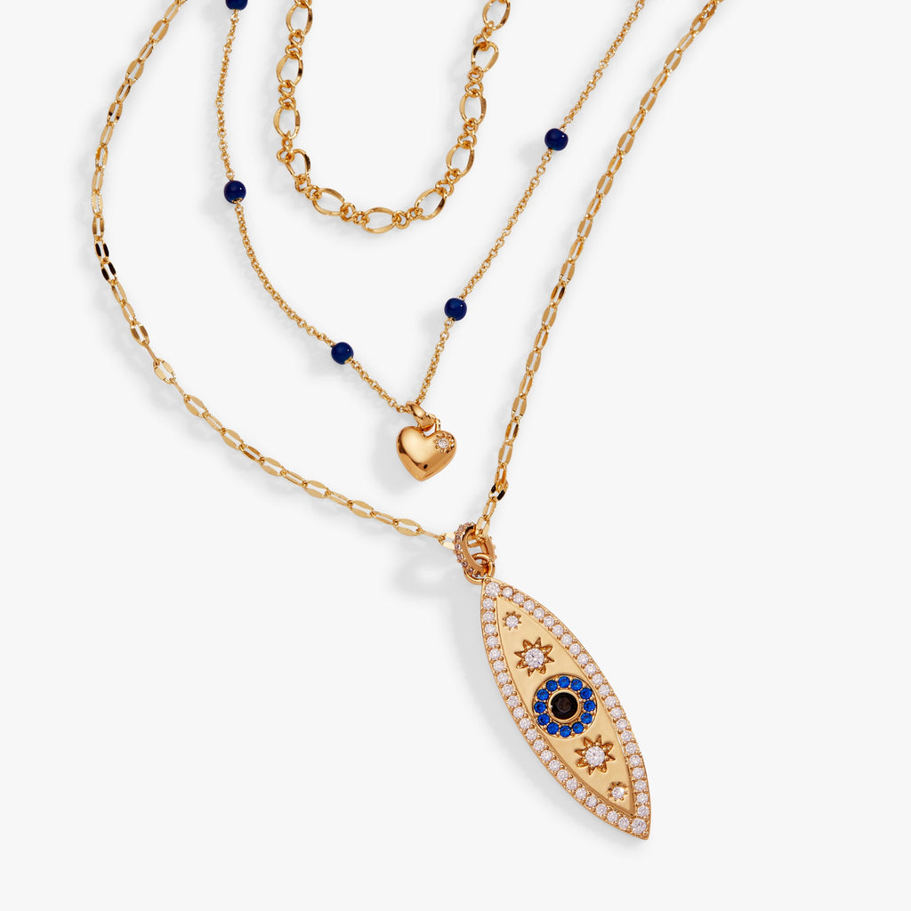 Gold multi-layer evil eye necklace with blue bead accents and heart pendant