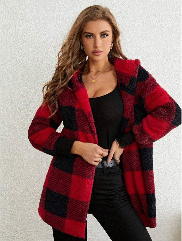 Red and black plaid knitted cardigan with open front and long sleeves
