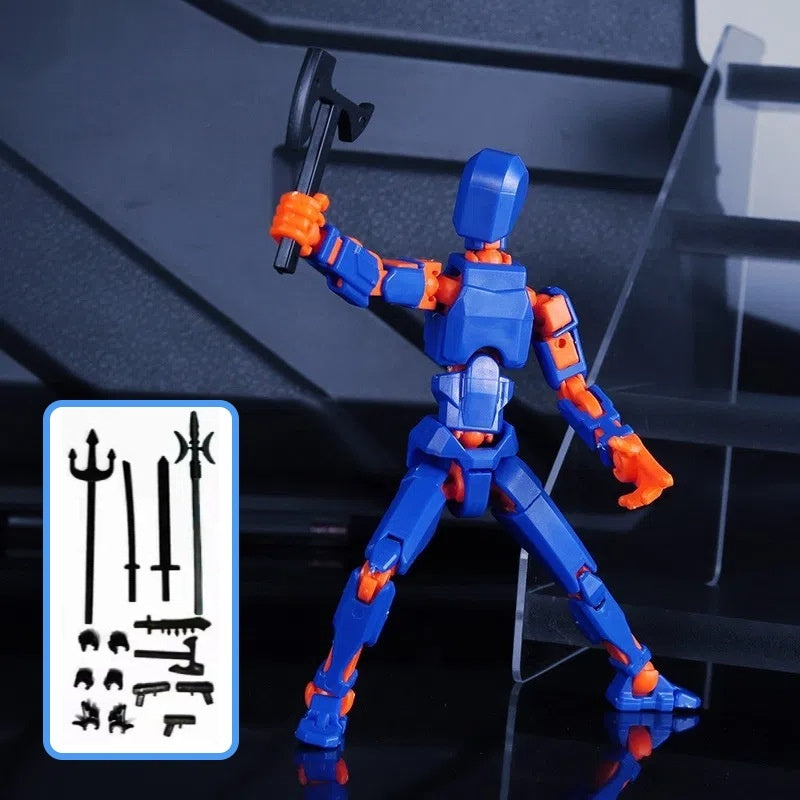 Multi-jointed action figure robot, blue and orange with weapon accessories