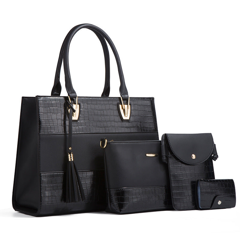 Crocodile-embossed PU handbag set in black, tote with tassel and matching card pouch