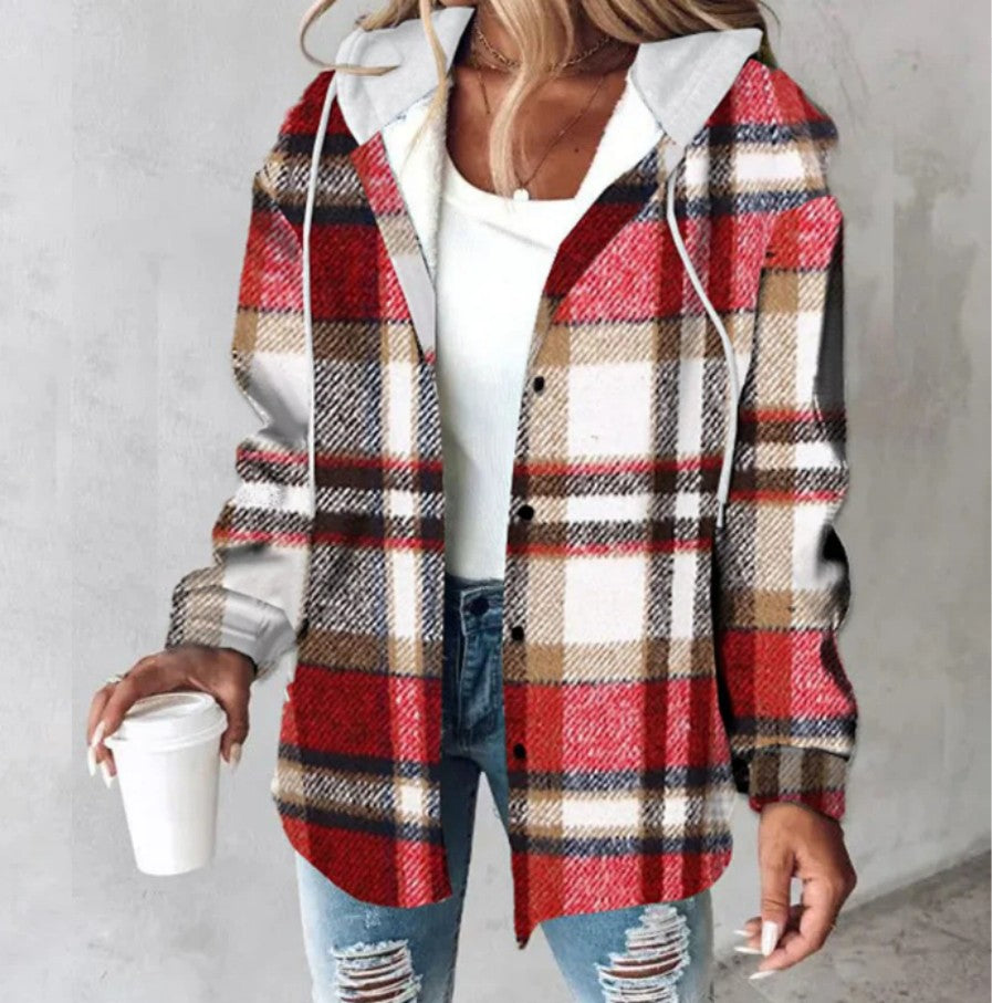 Women’s plaid hooded jacket, red and tan plaid with button front and front pockets