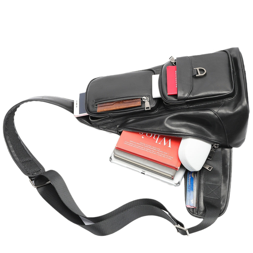 First Layer Cowhide Chest Bag Large Capacity Shoulder Messenger Bag Genuine Leather Wear Resistant Black