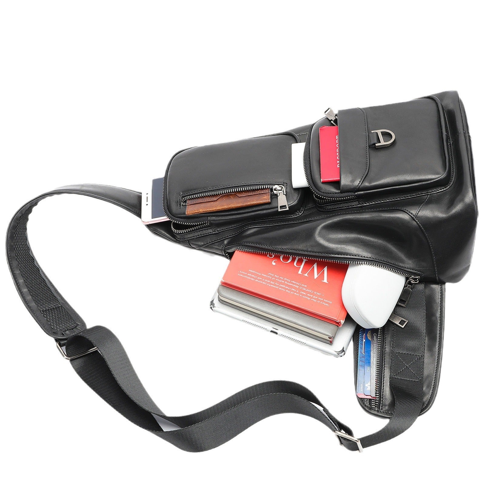 First Layer Cowhide Chest Bag Large Capacity Shoulder Messenger Bag Genuine Leather Wear Resistant Black