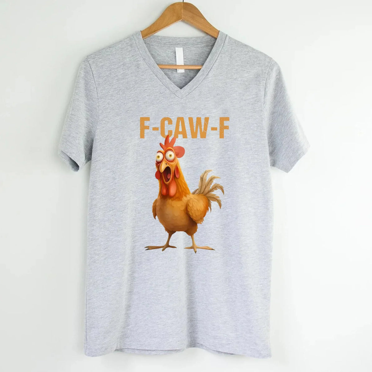 Heather grey v-neck T-shirt with rooster graphic and "F-CAW-F" text