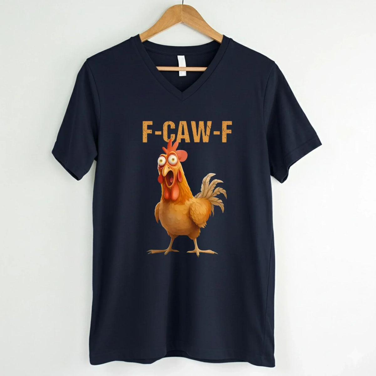 Navy v-neck T-shirt with rooster graphic and "F-CAW-F" text