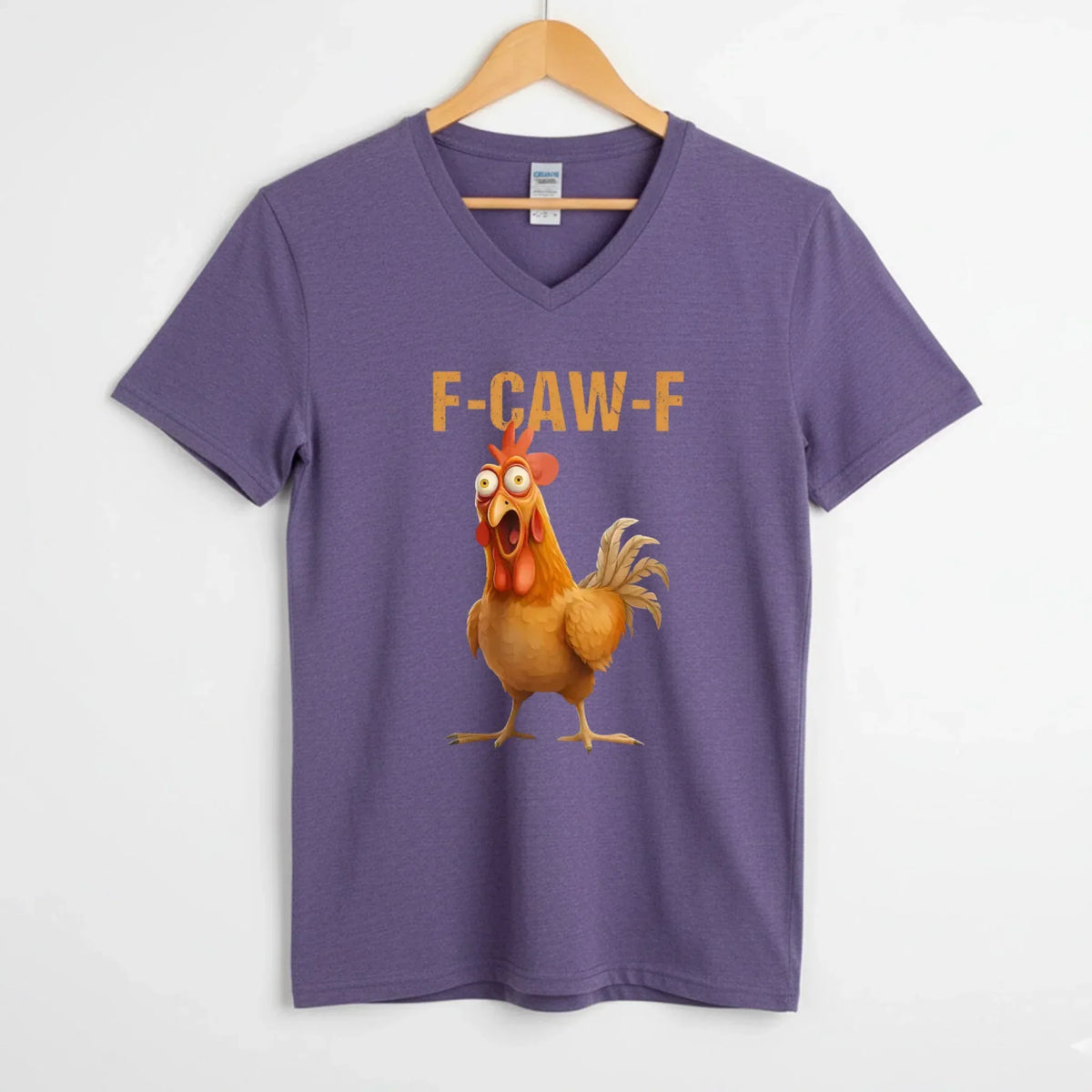 Heather purple v-neck T-shirt with rooster graphic and "F-CAW-F" text