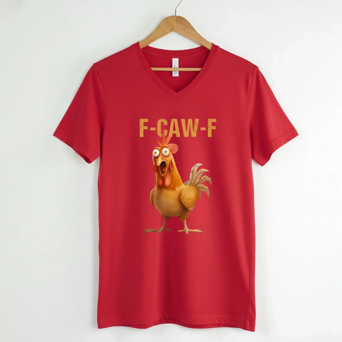 Red v-neck T-shirt with rooster graphic and "F-CAW-F" text