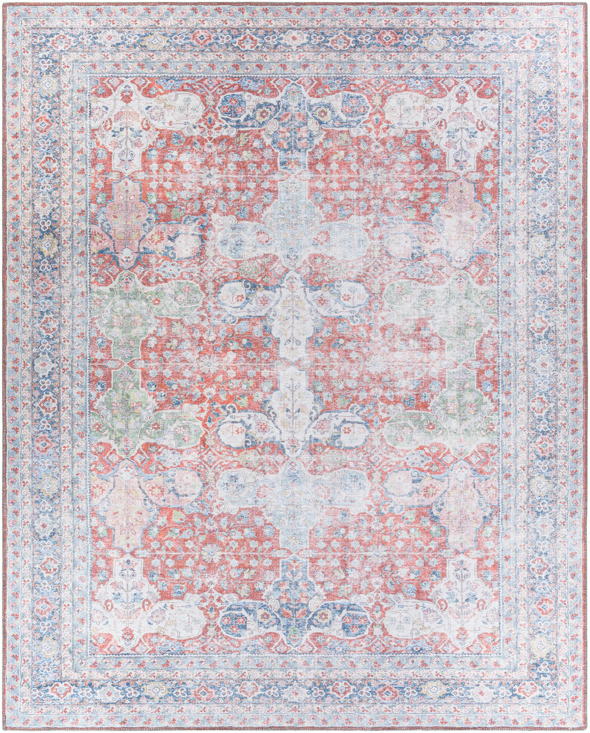 Vintage area rug with blush, sage, and navy ornate medallion patchwork pattern