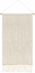 Ivory handwoven cotton wall hanging with fringed bottom and hanging rod loops