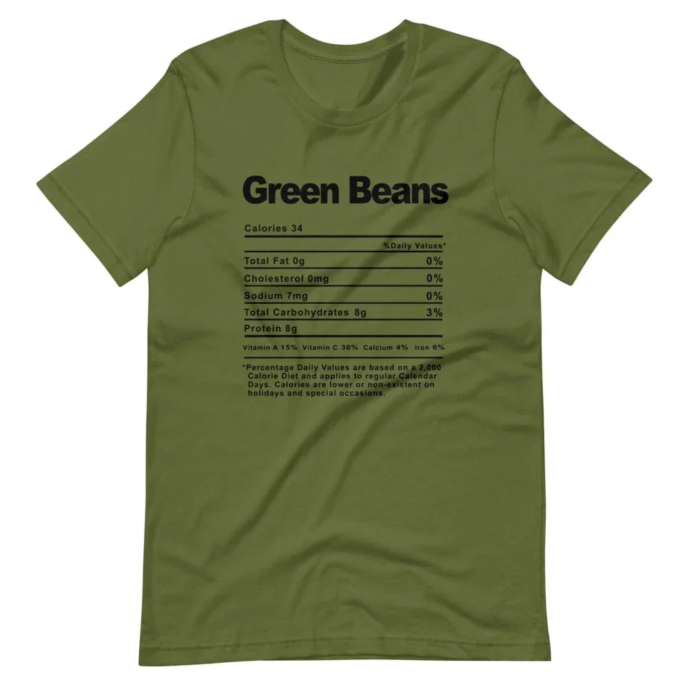 Olive green graphic T-shirt with 'Green Beans' text and nutrition facts
