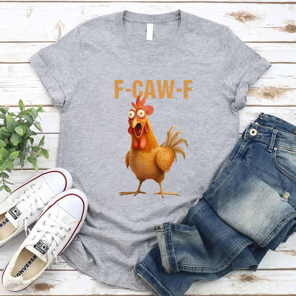 Heather gray unisex T-shirt with orange rooster graphic and F-CAW-F text