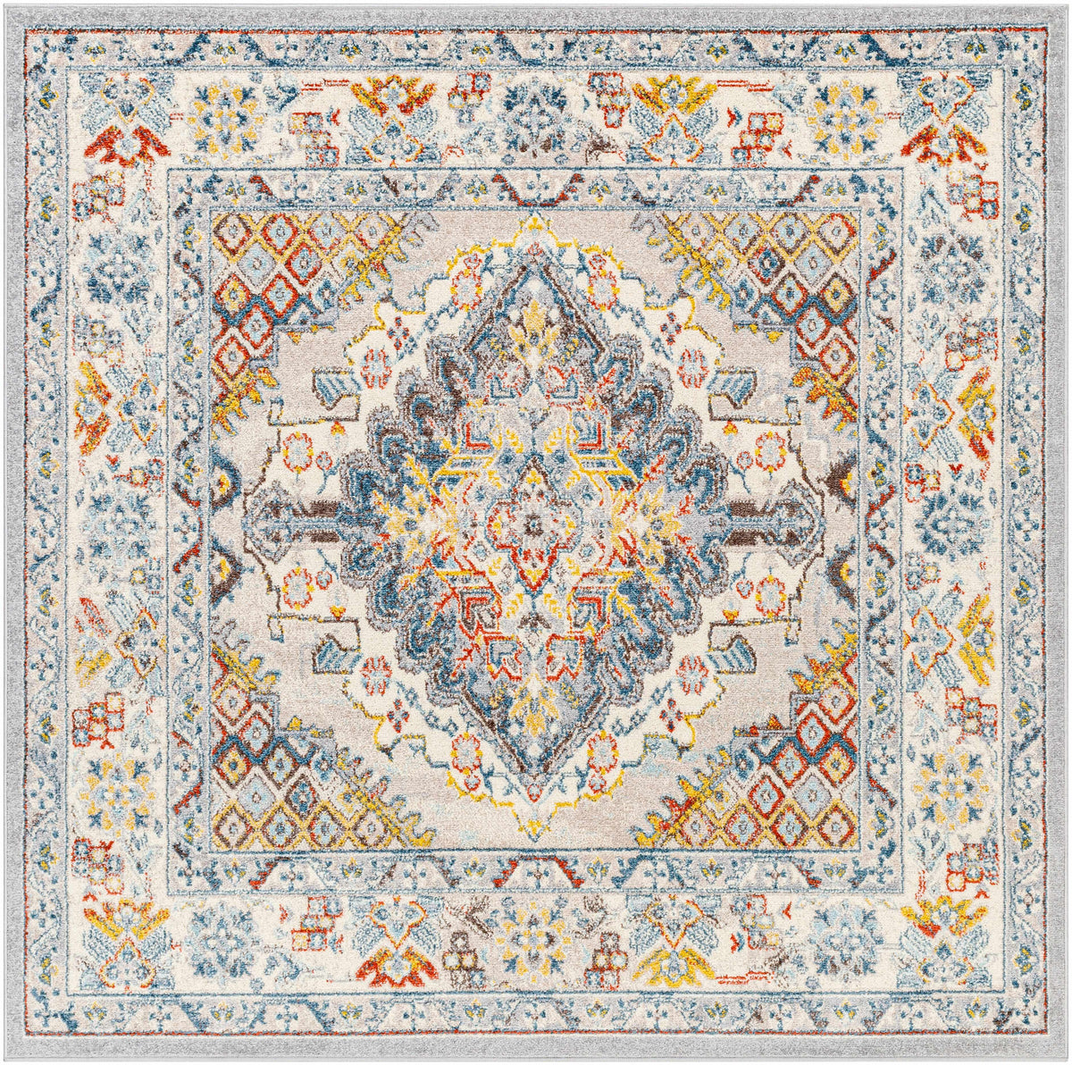 Traditional area rug with central diamond medallion and multicolor geometric border