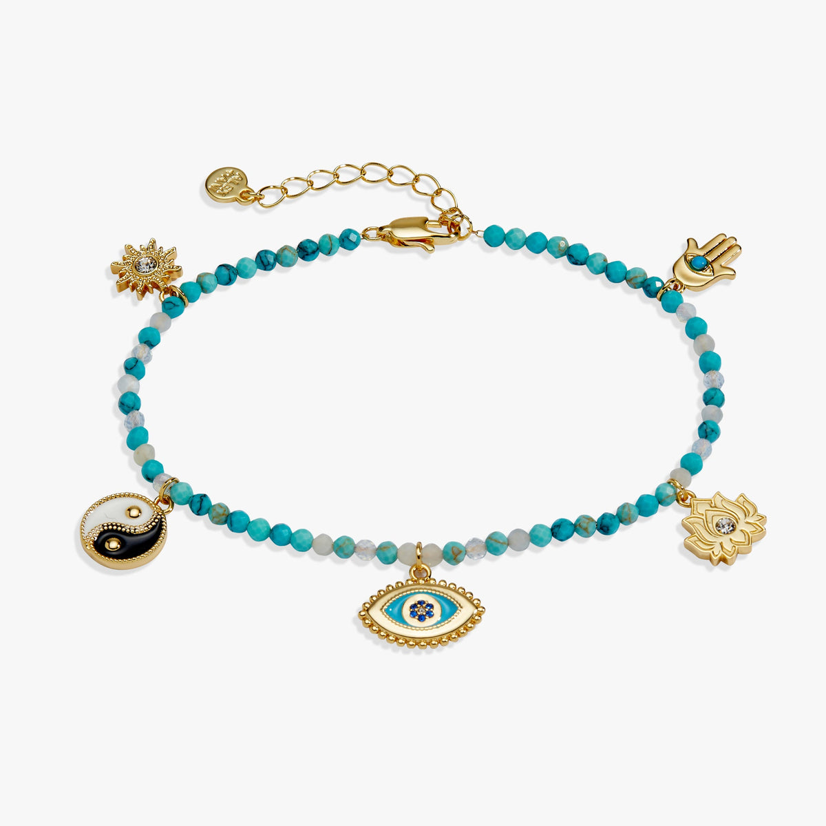 Gold-tone turquoise bead anklet with evil-eye, hamsa, sun and yin-yang charms