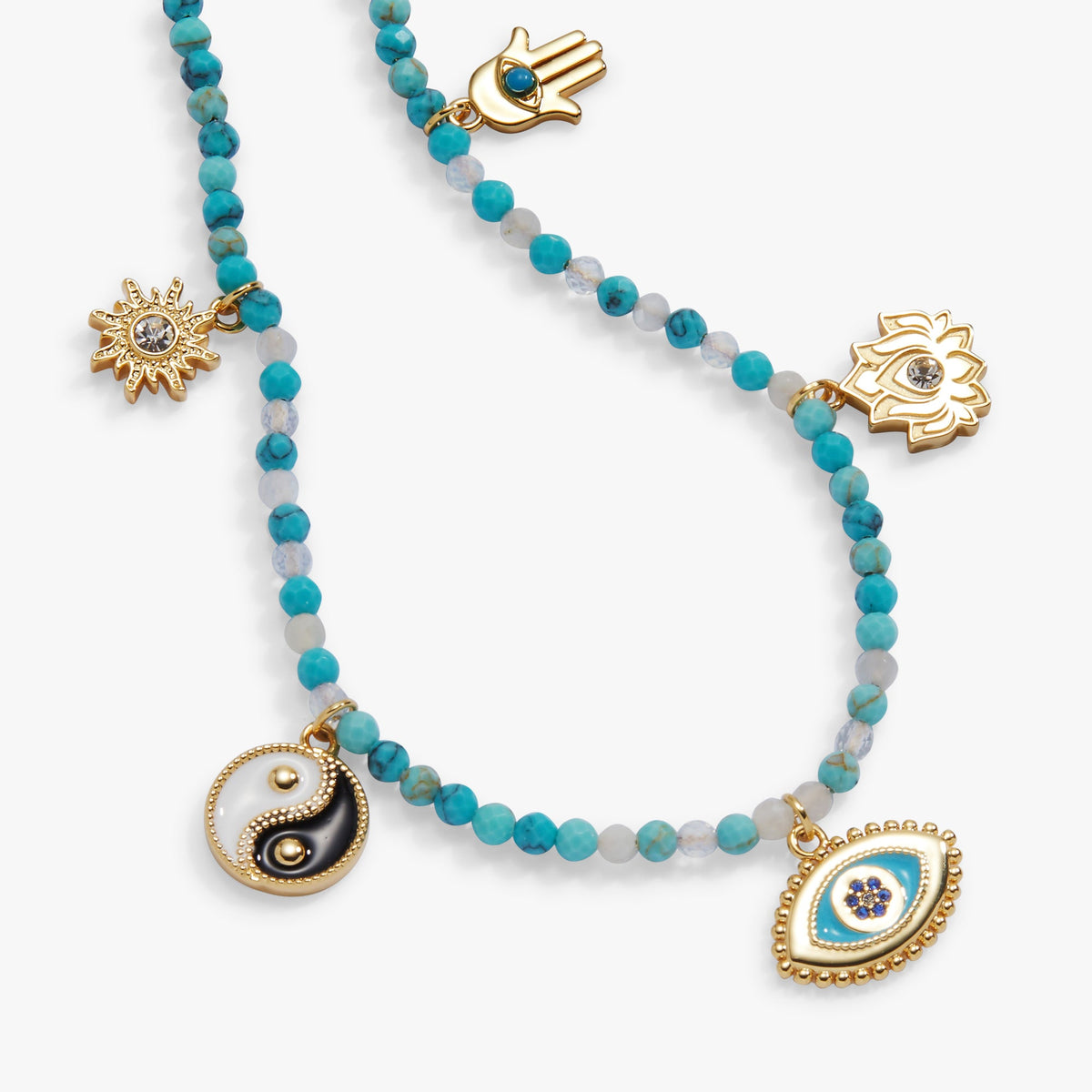 Gold-tone turquoise bead anklet with hamsa, sun and evil-eye charm