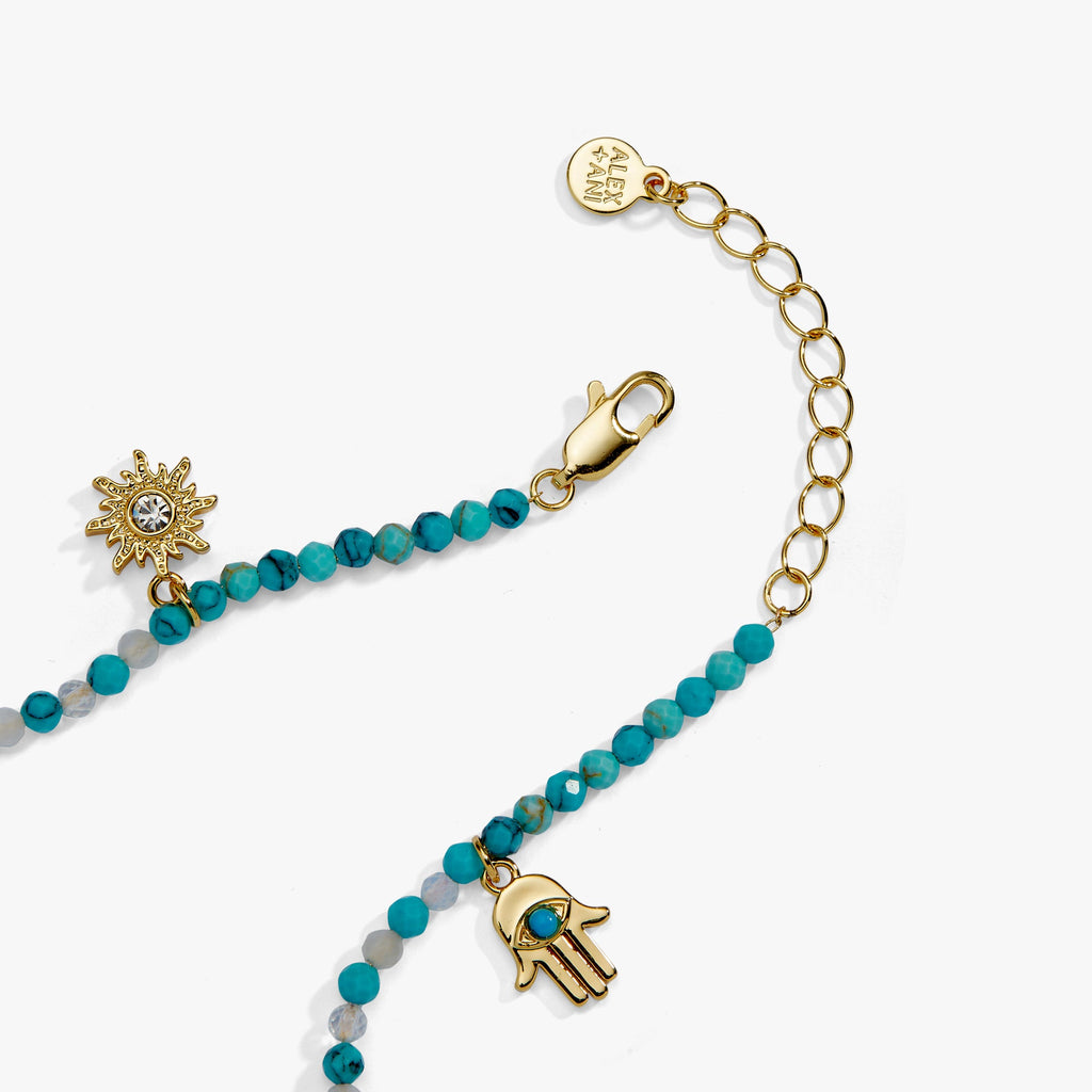 Gold-tone turquoise bead anklet with hamsa charm and link clasp