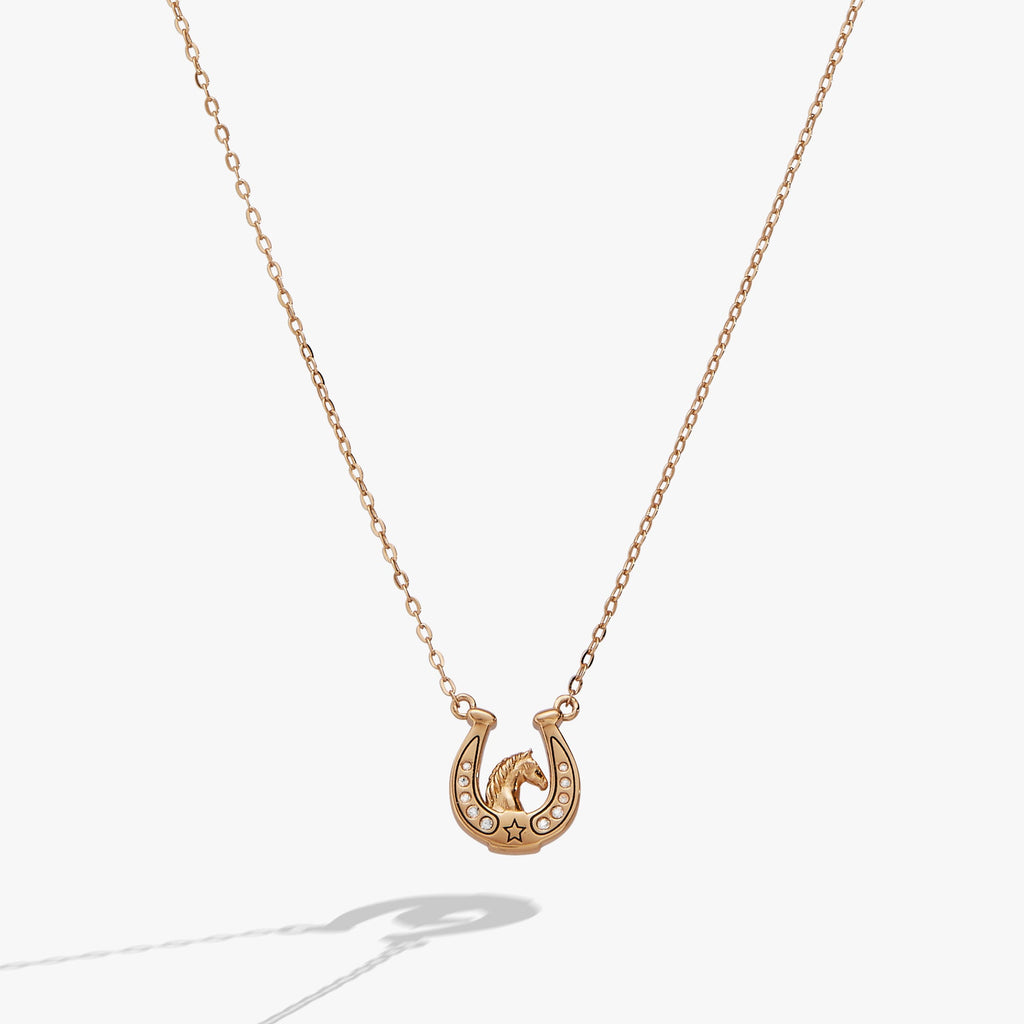 Gold horseshoe pendant necklace with star details on a fine chain