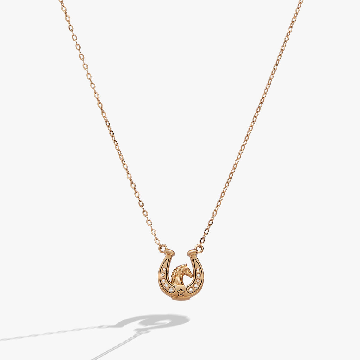 Gold horseshoe pendant necklace with star details on a fine chain
