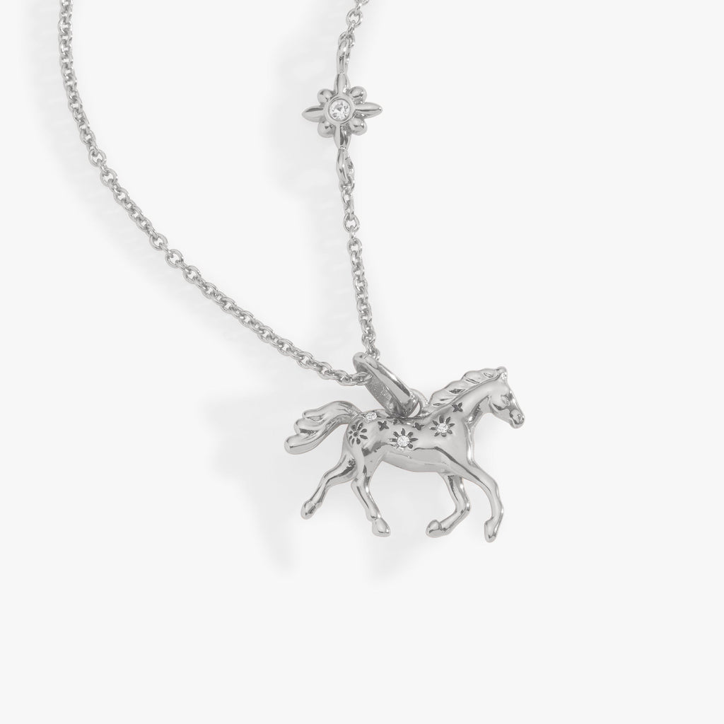 Silver horse pendant necklace with flower charm and horse figure pendant