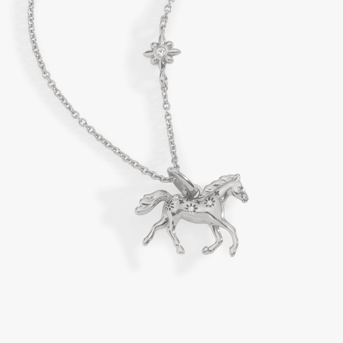 Silver horse pendant necklace with flower charm and horse figure pendant