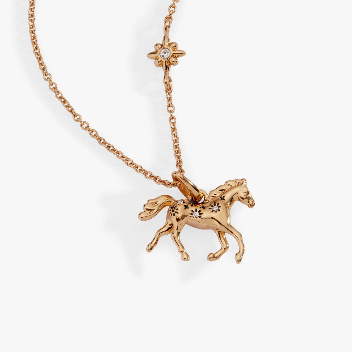 Gold horse pendant necklace with flower charm and horse figure pendant