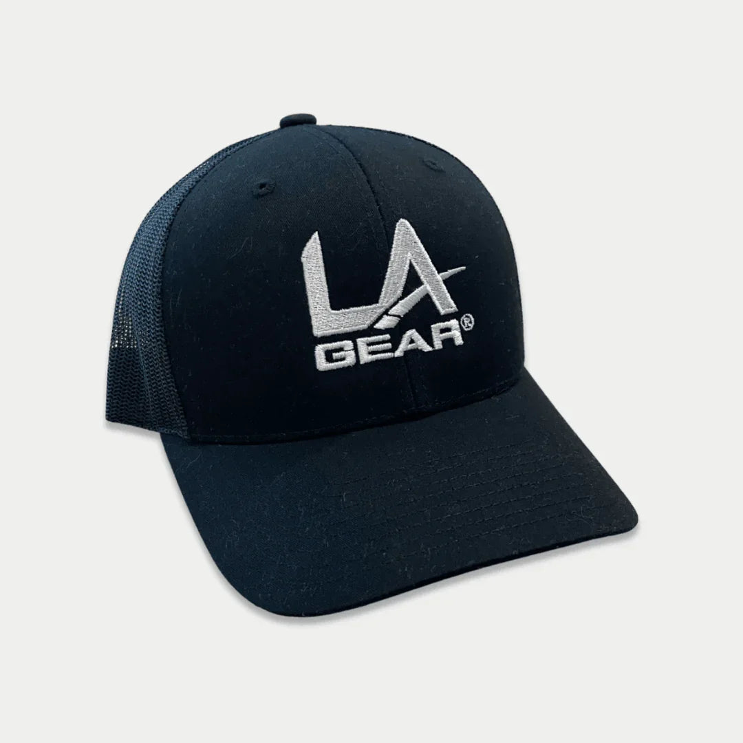 Black trucker hat with LA Gear logo on front